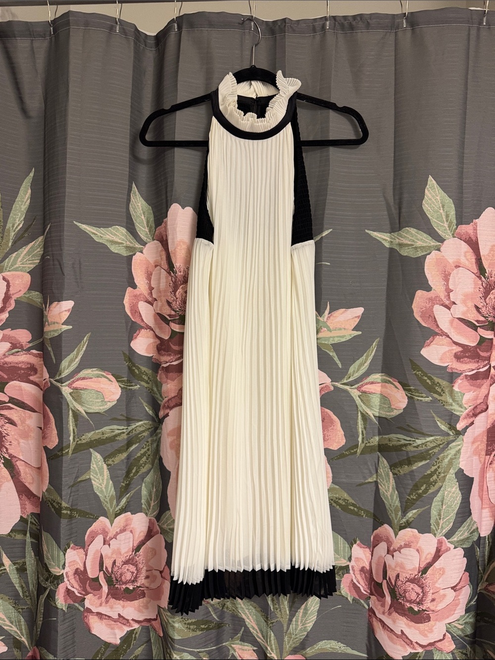 White House Black Market Ivory Pleated Halter Midi Dress with Black Trim